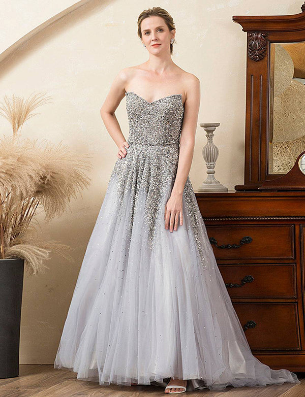 Robe de la mère de mariée grise avec perles et paillettes