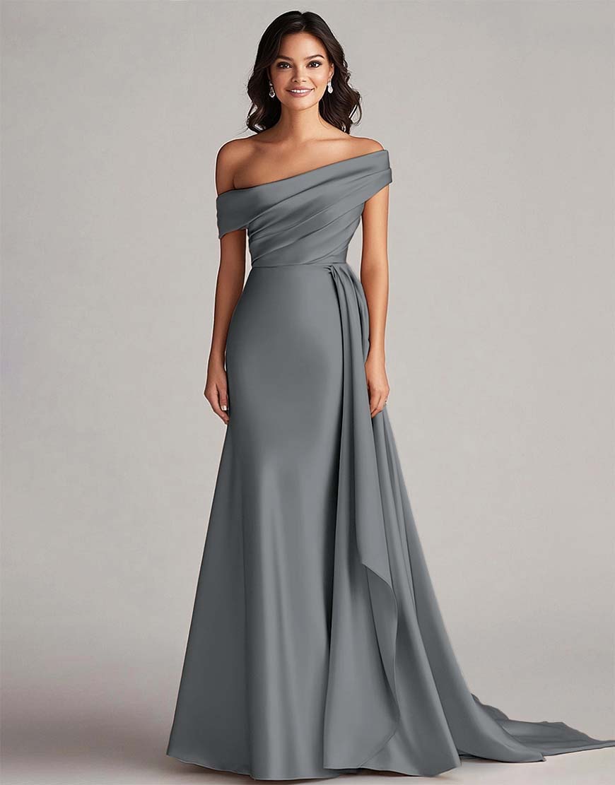 Robe de bal longue en satin moulant, un seul épaule, plissée, avec queue chapelle pour soirées et fêtes spéciales