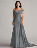 Robe de bal longue en satin moulant, un seul épaule, plissée, avec queue chapelle pour soirées et fêtes spéciales