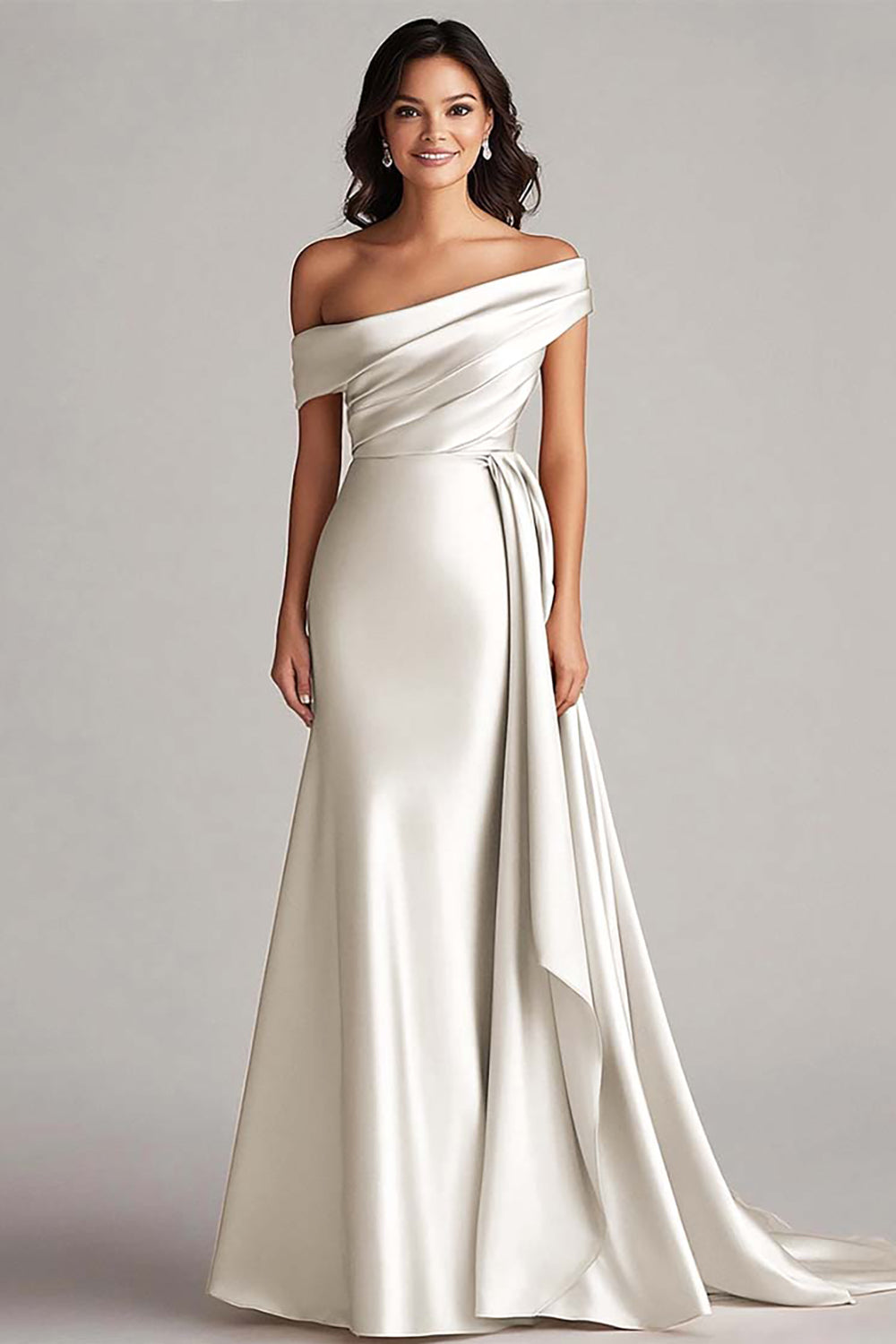 Robe formelle en satin champagne à une épaule avec ceinture