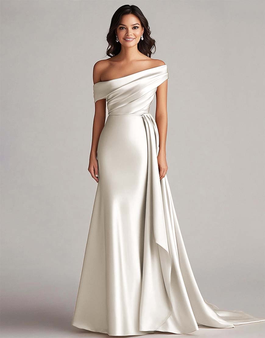 Robe de bal longue en satin moulant, un seul épaule, plissée, avec queue chapelle pour soirées et fêtes spéciales