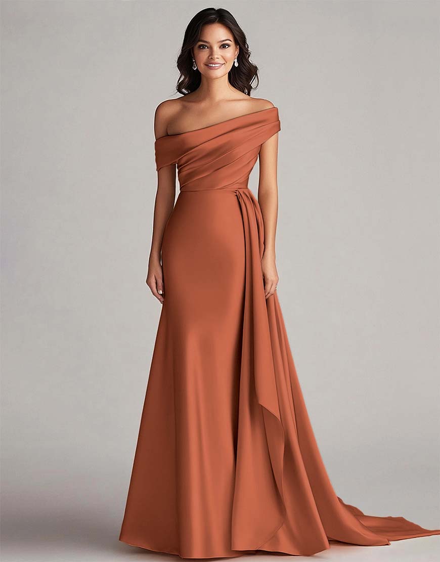 Robe de bal longue en satin moulant, un seul épaule, plissée, avec queue chapelle pour soirées et fêtes spéciales