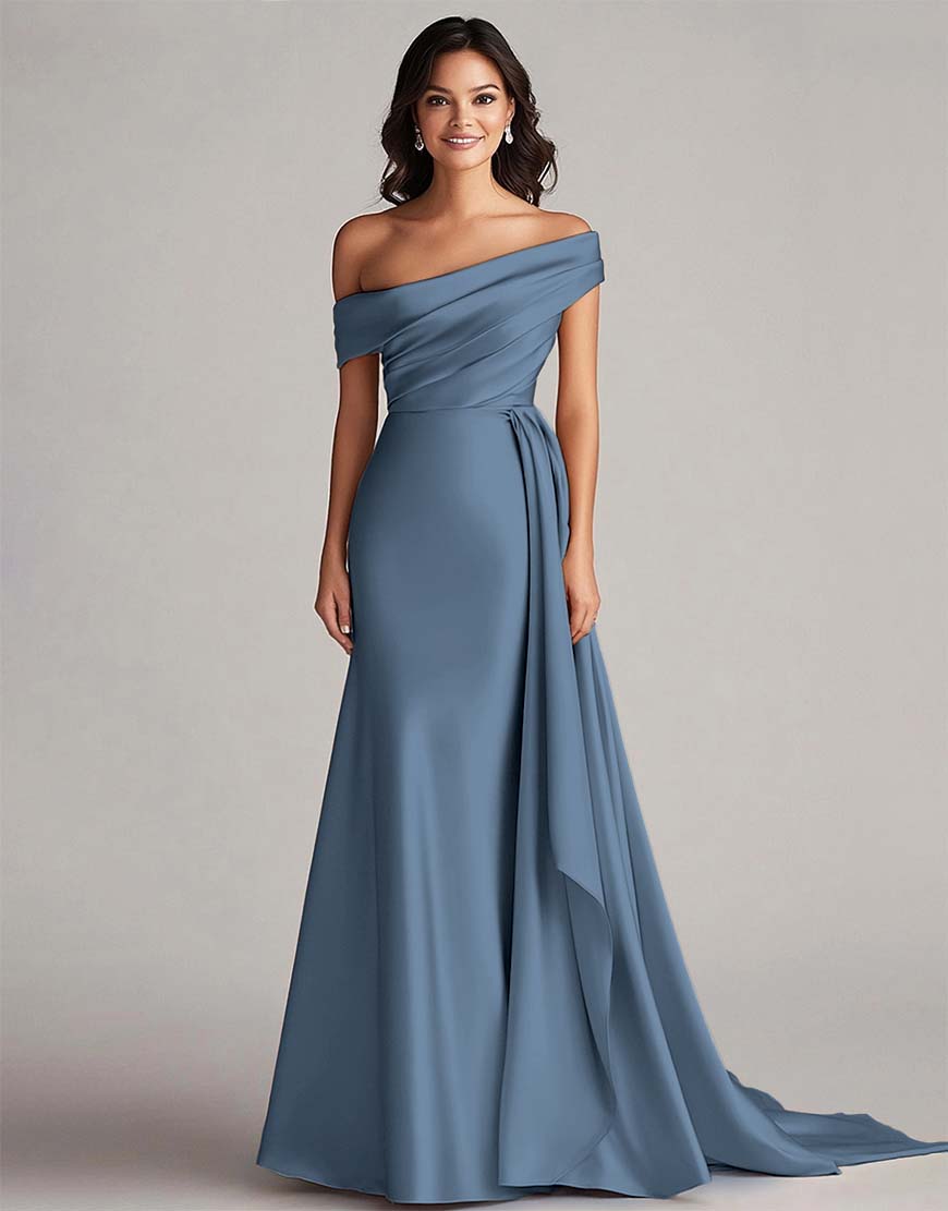 Robe de bal longue en satin moulant, un seul épaule, plissée, avec queue chapelle pour soirées et fêtes spéciales