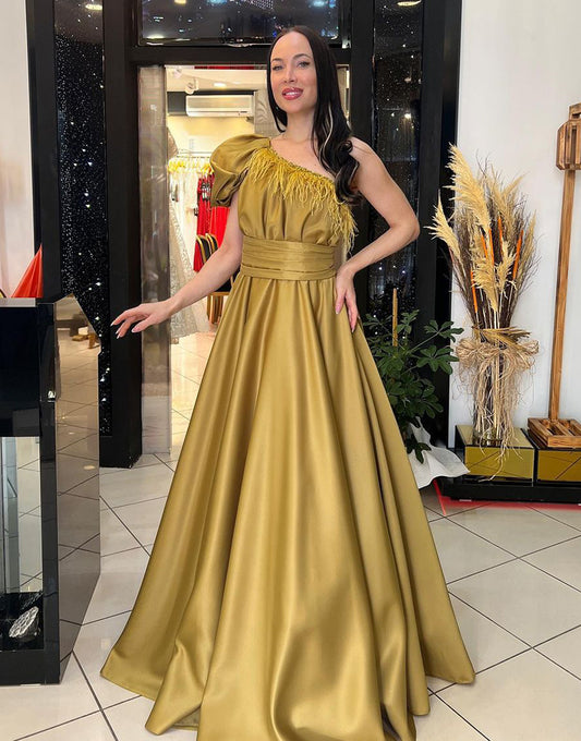 Robe De Soirée Longue Jaune à une épaule