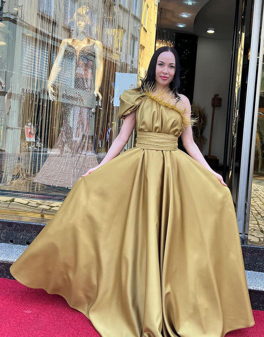 Robe De Soirée Longue Jaune à une épaule