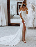Robe de mariée blanche, longue et simple, avec fente, de style sirène boho