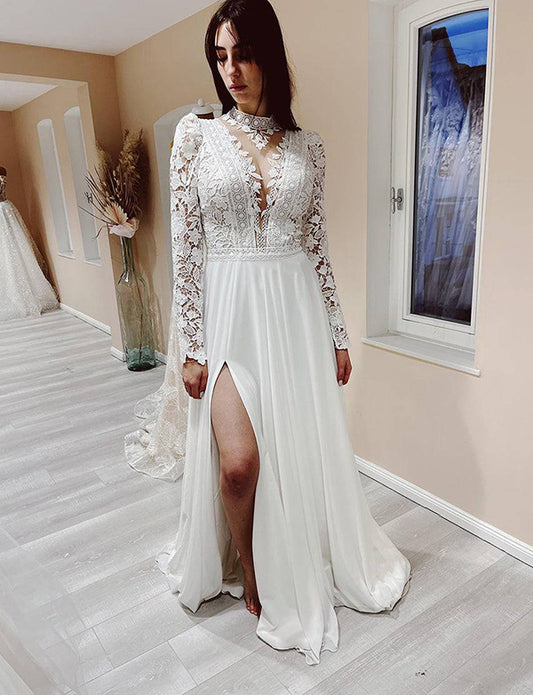 Robe de mariée longue à manches longues avec fente