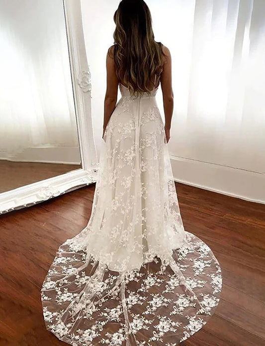 Elégante robe de mariage longue à bretelles spaghetti en dentelle