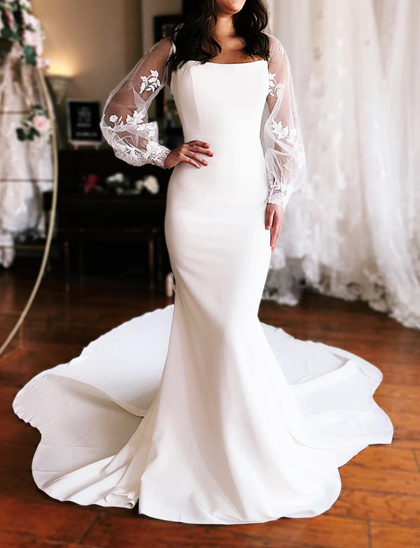 Robe de mariée sirène en satin ivoire avec manches amovibles