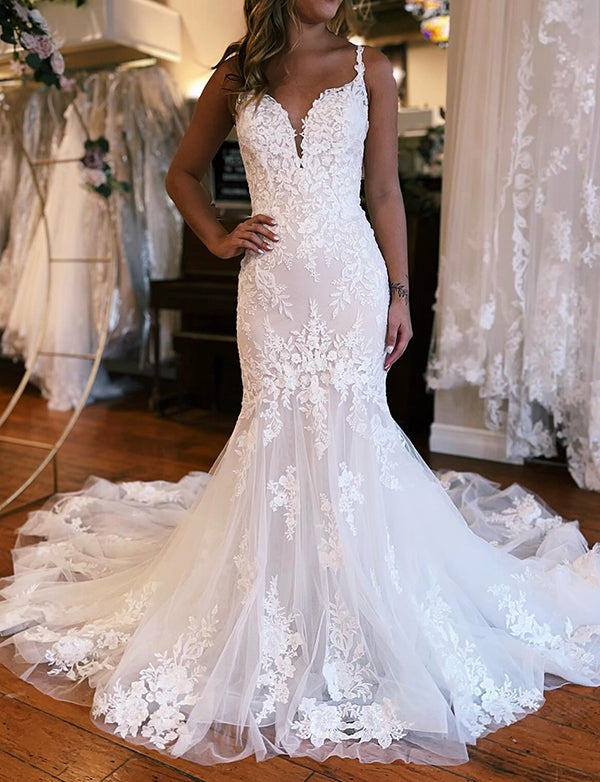 Robe de mariée ivoire sirène à col en V en tulle et dentelle