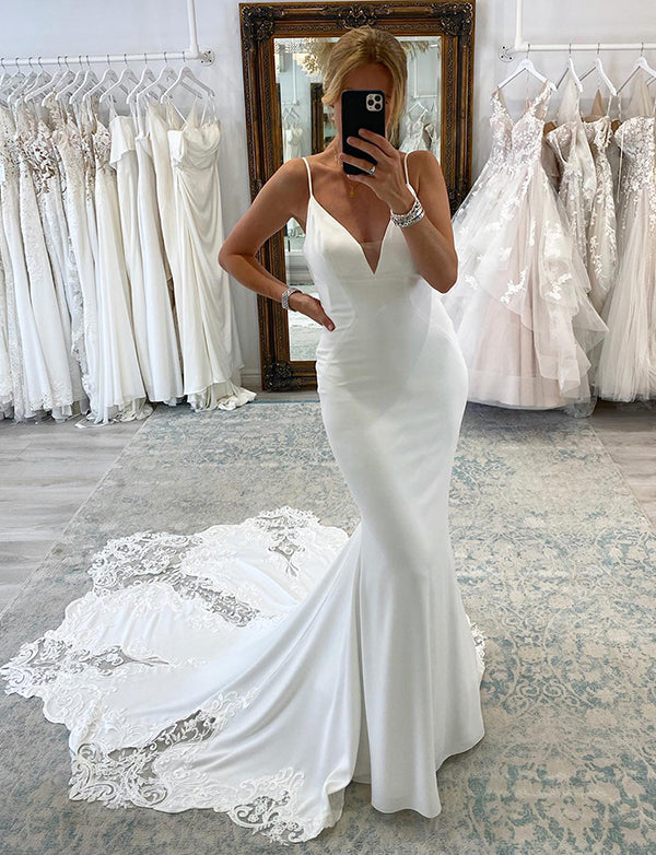 Robe de mariée blanche à bretelles spaghetti et longue sirène Boho avec dentelle