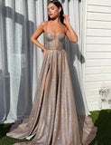 Robe longue de soirée avec bretelles en spaghetti et paillettes de champagne