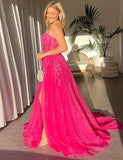 Robe de bal longue à paillettes fuchsia avec fente