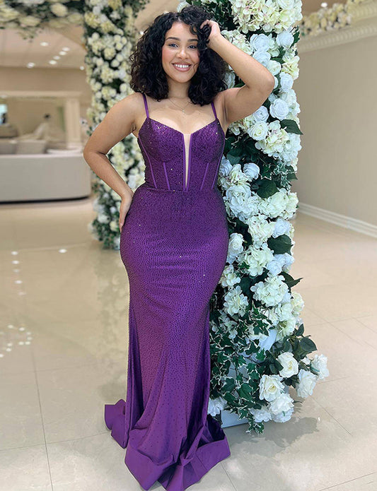 Robe de bal longue corset sirène violet foncé à paillettes