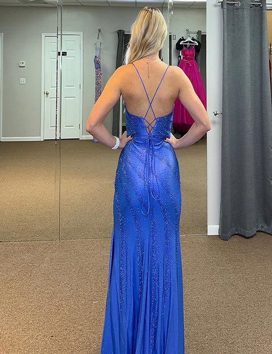 Robe longue de bal de fin d'année en sirène bleu royal avec fente