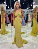 Robe longue de bal de fin d'année à col V profond et paillettes Jaune