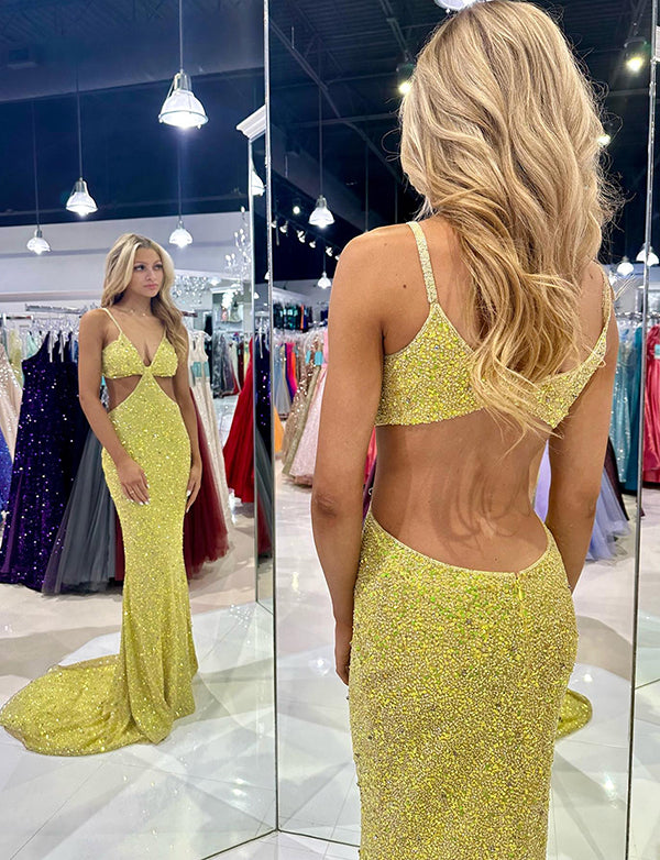 Robe longue de bal de fin d'année à col V profond et paillettes Jaune