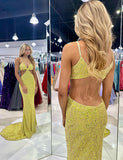 Robe longue de bal de fin d'année à col V profond et paillettes Jaune