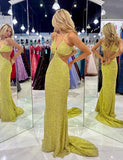 Robe longue de bal de fin d'année à col V profond et paillettes Jaune