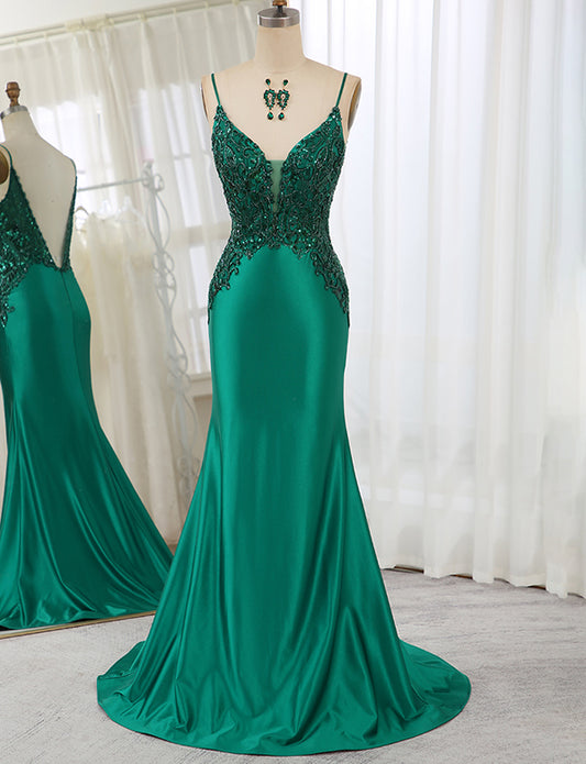 Robe longue de bal de fin d'année en sirène vert foncé avec fente