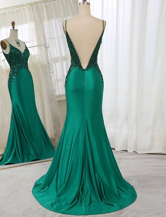 Robe longue de bal de fin d'année en sirène vert foncé avec fente