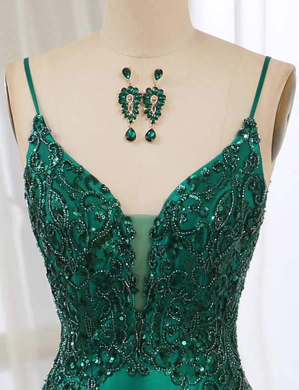 Robe longue de bal de fin d'année en sirène vert foncé avec fente