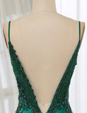 Robe longue de bal de fin d'année en sirène vert foncé avec fente