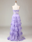Robe de cérémonie longue en dentelle avec fente et corset, étincelante