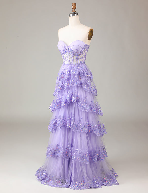 Robe de cérémonie longue en dentelle avec fente et corset, étincelante