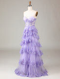 Robe de cérémonie longue en dentelle avec fente et corset, étincelante