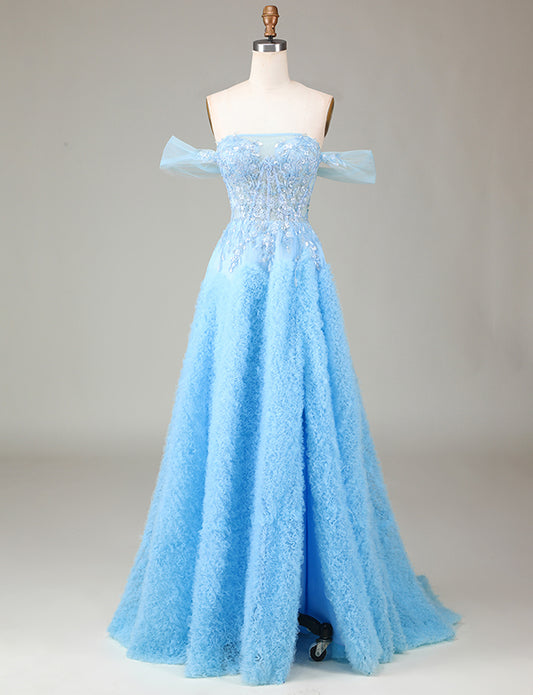 Robe de cérémonie longue en dentelle avec corset bleu scintillant et dos à l'épaule