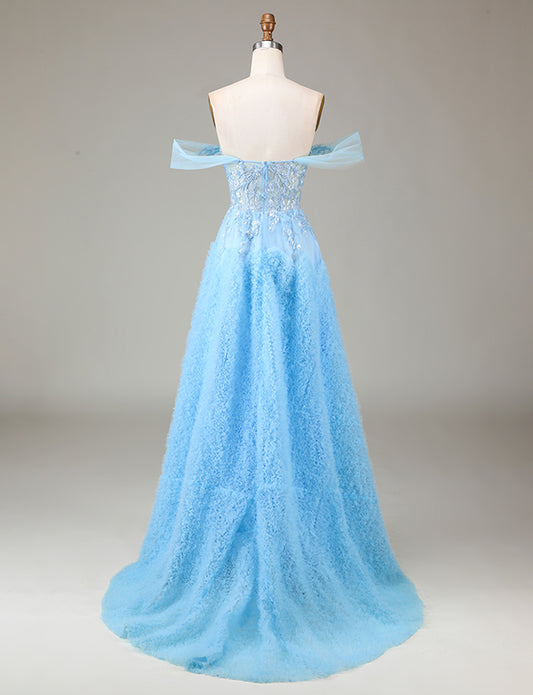 Robe de cérémonie longue en dentelle avec corset bleu scintillant et dos à l'épaule