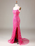 Fuchsia étincelante Robe longue sirène brodée et perlée avec fente
