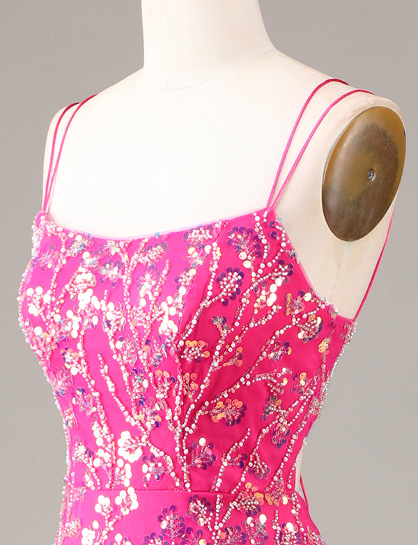 Fuchsia étincelante Robe longue sirène brodée et perlée avec fente