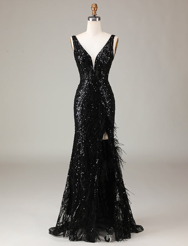 Robe formelle longue sirène à paillettes noires et plumes