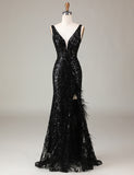 Robe formelle longue sirène à paillettes noires et plumes