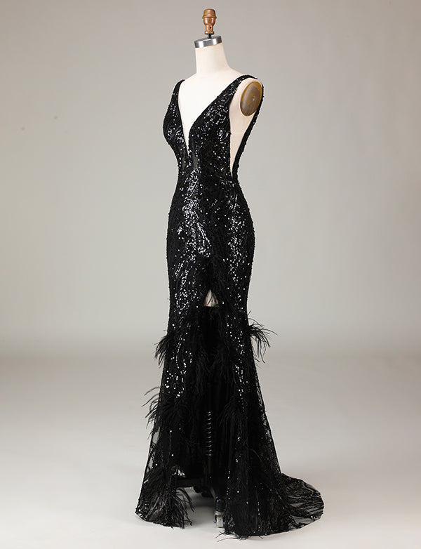 Robe formelle longue sirène à paillettes noires et plumes