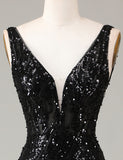 Robe formelle longue sirène à paillettes noires et plumes