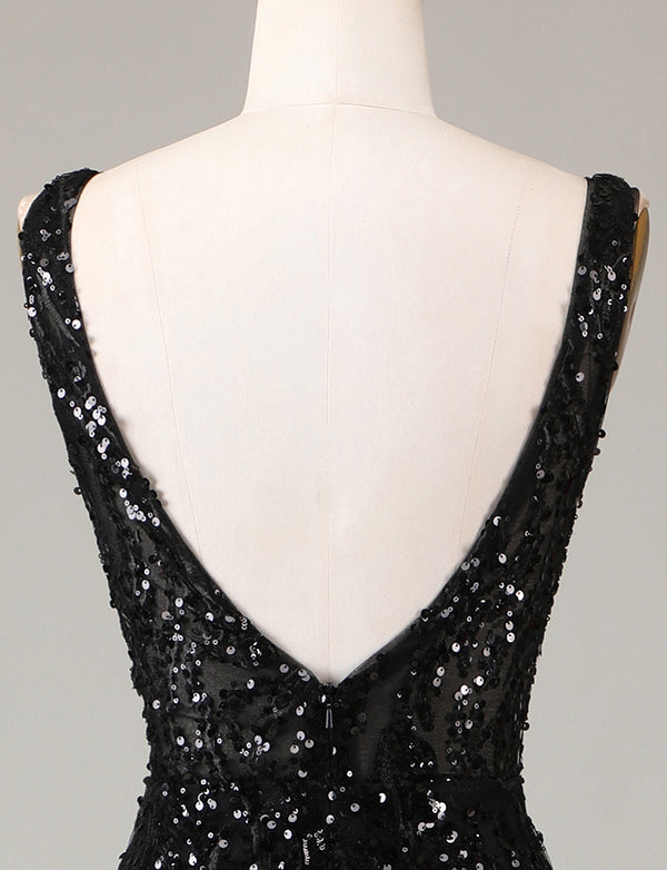 Robe formelle longue sirène à paillettes noires et plumes