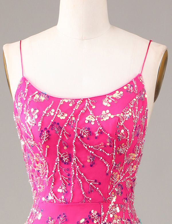 Robe de cérémonie longue et brodée de perles Fuchsia étincelante