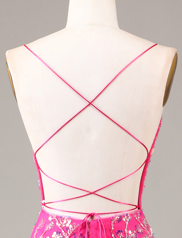 Robe de cérémonie longue et brodée de perles Fuchsia étincelante