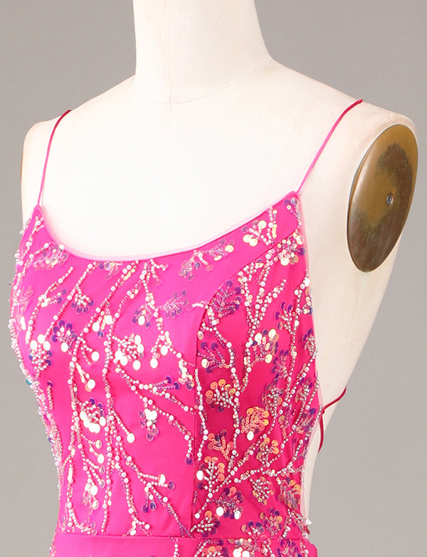 Robe de cérémonie longue et brodée de perles Fuchsia étincelante