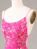 Robe de cérémonie longue et brodée de perles Fuchsia étincelante