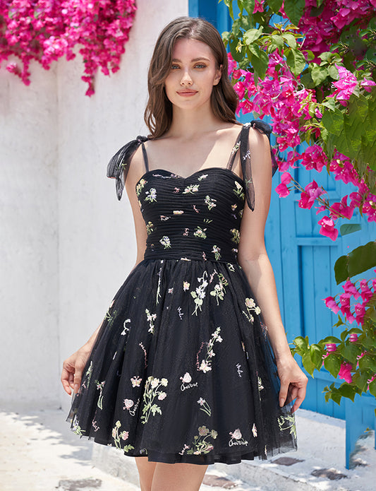 Jolie robe de bal noire à bretelles fines A-ligne avec broderie
