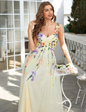 Une ligne champagne bretelles spaghetti robe de bal avec des fleurs 3D