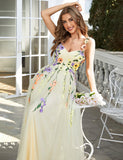 Une ligne champagne bretelles spaghetti robe de bal avec des fleurs 3D