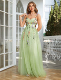 Une ligne champagne bretelles spaghetti robe de bal avec des fleurs 3D