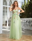 Une ligne champagne bretelles spaghetti robe de bal avec des fleurs 3D