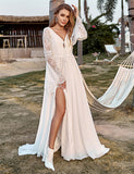 Robe de mariée boho en mousseline de dentelle ivoire à manches trompettes