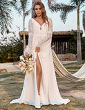 Robe de mariée boho en mousseline de dentelle ivoire à manches trompettes